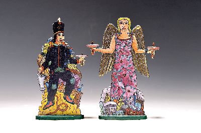 Moritz Götze, geb. 1964 Halle, "Engel und Bergmann", 2004, Email-Edition, lithographierte Stahlplatte, Ed. 34/50 und 24/50, jeweils am ...