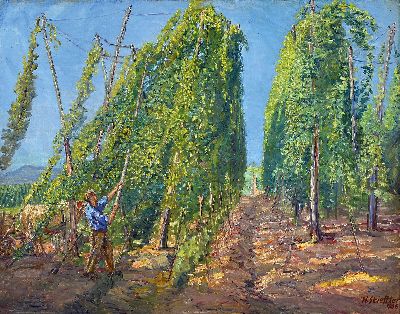 Heinrich Strieffler, 1872 Neustadt-1949 Landau, "Hopfenernte", 1936, Öl/Lwd, nachsigniert mit "H. Stieffler 1936" von der ...