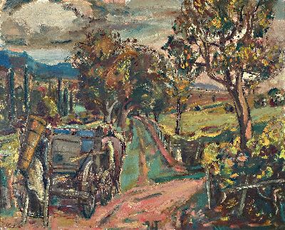 Rolf Müller-Landau, 1903 Kayingchow-1956 Bad Bergzabern, Weinleselandschaft, um 1945/46, farbige Modellierung mit wechselhaft hellen und dunklen ...