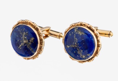 Paar 14 kt Gold Lapislazuli-Manschettenknöpfe, GG 585/000, runde Lapislazuli-Platten mit Pyrit-Einschlüssen, schlichte Rahmung, ca. 10.9 g