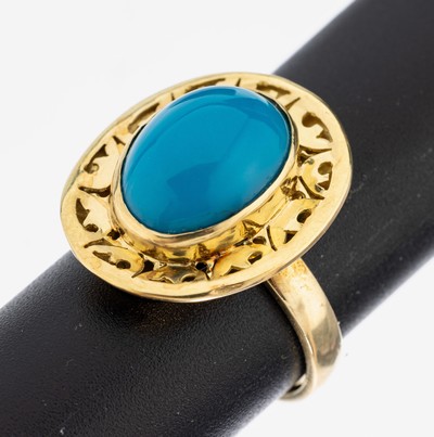 14 kt Gold Türkis-Ring, mittig ovaler Türkis-Cabochon (beh.), Rahmung durchbrochen gearbeitet, RW 57, ca. 7.0 g, passend zu Kat.-Nr. 01-2019 und ...