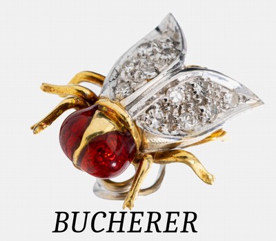 18 kt Gold BUCHERER Diamant-Email- Knopflochverzierung, GG/WG 750/000, Darstellung einer Fliege, WG-Flügel mit 12 8/8-Diamanten zus. ca. 0.06 ct ...