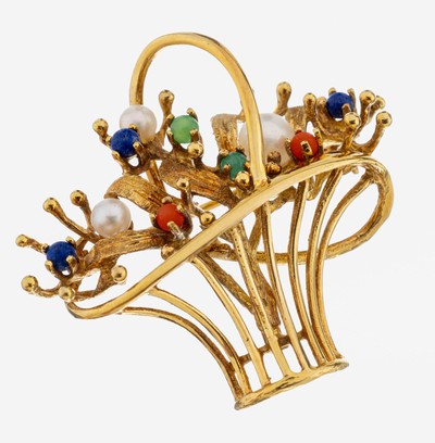 14 kt Gold Farbstein-Perl-Brosche, GG 585/000, Darstellung eines Blumenkorbs, 3 kl. Lapislazuli-Kugeln, 2 kl. Achatkugeln, 2 Korallen-Kugeln, 3 ...
