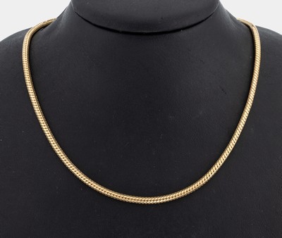 14 kt Gold Schlangenkette, GG 585/000, L. ca. 45.5 cm, Karabinerschließe, ca. 15 g