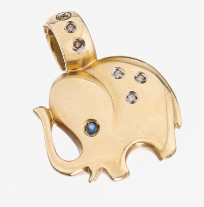 14 kt Gold Saphir-Diamant-Clipanhänger, GG 585/000, Darstellung eines Elefanten, bes. mitkl. 8/8-Diamanten und 1 rundfacett. Saphir alsAuge, ca. 6 ...