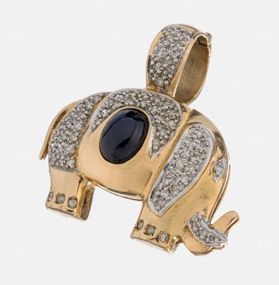 14 kt Gold Diamant-Saphir-Clipanhänger, GG/WG 585/000, Elefant, 66 in WG gefasste 8/8 -Diamanten zus. ca. 0.40 ct Weiß/p, ovaler Saphir-Cabochon ...