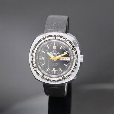 SEAWIND/BULER Herren-Sportuhr mit Weltzeit- Lünette im verchromten Gehäuse, Schweiz um 1975, Automatik, 2-tlg. Geh. m. verschr. Stahlboden, beids. ...