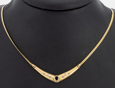 14 kt Gold Saphir-Brillant-Collier, GG 585/000, Mittelteil mittig mit facett. Saphir-Tropfen ca. 0.15 ct, 6 Brillanten zus. ca. 0.08 ct Weiß/si, L. ...