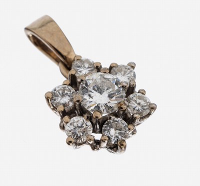 14 kt Gold Brillant-Anhänger, WG 585/000, stil. Blüte, mittig erhaben gefasster Brillantca. 0.30 ct Weiß/p1, umgeben von 6 Brillanten zus. ca. ...