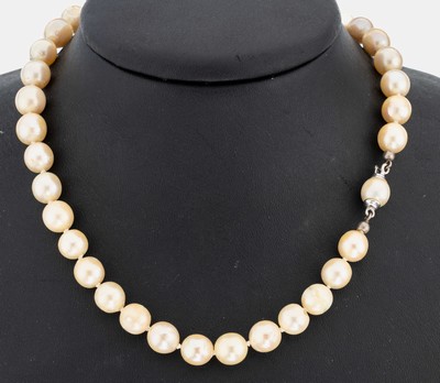 Perl-Collier mit 18 kt Gold Schließe, WG 750/000 gepr., Zuchtperlen, D. ca. 8-8.5 mm, Steckschließe in Perle integriert, L. ca. 37 cm, deutliche ...