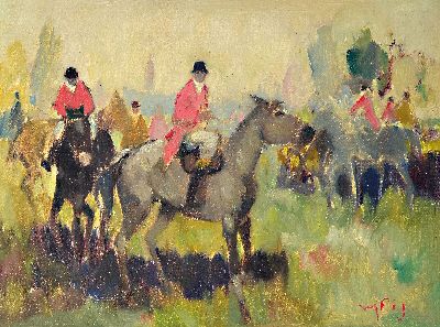 Walter Prescher van Ed, 1916 Dresden-1988 Ottendorf, Aufbruch zur Jagd, rückseitig so betitelt, Öl/Lwd, rechts unten sign., ca. 60x80cm, R. ca. ...