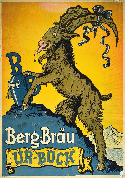 Werbe-Plakat, deutsch, 1920er/30er Jahre, für Ur-Bock von Berg-Bräu Leimen, Farblithographie, gedruckt bei A. Albrecht und Cie Karlsruhe, seitlich ...