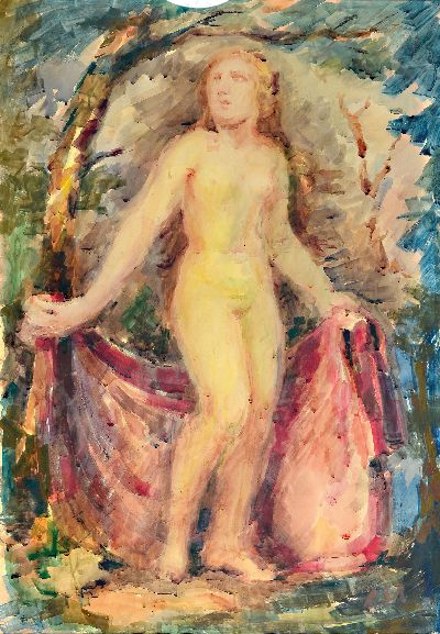 Albert Schiestl-Arding, 1883 Erding-1937 Bremen, stehender weiblicher Akt im Wald, Gouache auf Papier, rechts unten monogr. ASA, ca. 100x70cm, u.Gl., ...
