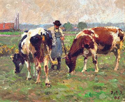 Julius Paul Junghanns, 1876 Wien-1958 Düsseldorf, Bauer mit zwei Kühen auf der Weide, Öl/Lwd, rechts unten monogr. J.P.J. und dat. 06, ca. ...