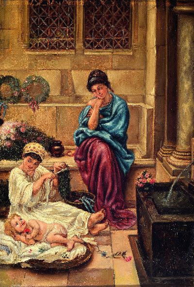 Unbekannter Künstler des 19. Jh., Römische Familie auf der Terrasse, Öl/Lwd, unsign., rest., ca. 31x23cm, R. ca. 37x27cm