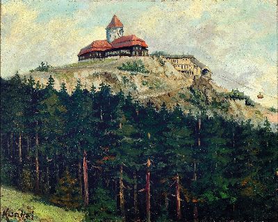 Kunkel, Maler der 1. Hälfte des 20. Jh., Blick auf das Jeschkenhaus bei Reichenberg im Jeschkengebirge Nordböhmen (Jested, Tschechien), ...