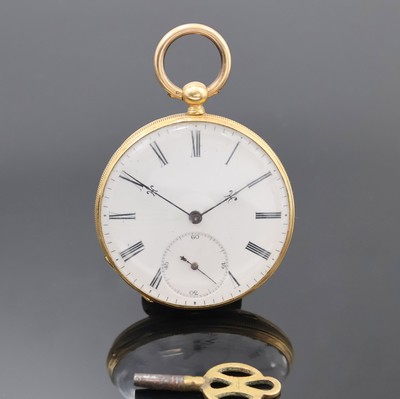 Offene Herrentaschenuhr in GG 750/000 mit Schlüsselaufzug, Schweiz um 1860, guill., aufw. grav. Geh. dell. m. geripptem Rand, Emailzifferbl. ...