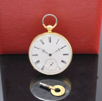 Offene Herrentaschenuhr in GG 750/000 mit Schlüsselaufzug, Schweiz um 1860, guill. Geh. dell., Metall Cuvette, Emailzifferbl., röm. Zahlen, kl. ...
