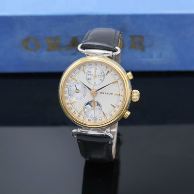 ORATOR schöner Herrenchronograph in 2-farbig vergoldetem Gehäuse mit Vollkalender, Schweiz um 1990, Automatik, beids. vergl. Geh. m. bewegl. ...