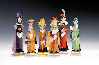 Sechsteilige Porzellangruppe, Meissen, Entwurf Peter Strang, Faustgruppe: Mephisto, Faust, Gretchen, Marthe, Student friedlich und Student aggressiv, ...