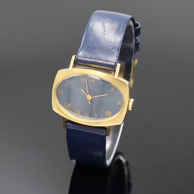 BUCHERER Armbanduhr in GG 750/000, Schweiz um 1970, Automatik, Boden aufgedr., blaues Zifferbl. m. röm. Zahlen, gold. Zeiger, Kal. ETA 2550, 17 St., ...