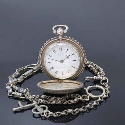 EDWARD PRIOR LONDON Spindel- Herrentaschenuhr, 3-teil., reich grav. Silbergeh., wohl für den osmanischen Markt, Signatur auf Werk und Emailblatt, ...