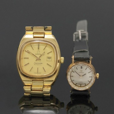 2 vergoldete Damenarmbanduhren, 1 x Omega Seamaster Automatic Ref. 566.0088/766.0819, Schweiz um 1979, inkl. Gliederband m. Faltschl., Boden m. ...