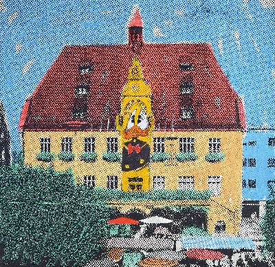 Wolfgang Loesche, geb. 1942, Siebdruck auf Lwd, Rathaus Heilbronn mit Donald Duck, 1998, Ed. 24/50, handsigniert und datiert, ungerahmt, 70x70 cm