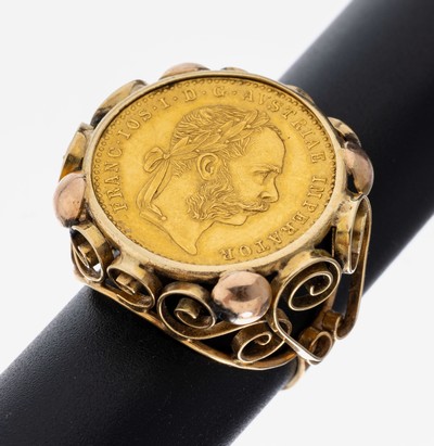 14 kt Gold Münz-Ring, GG 585/000, Münzeinlage: 1 Dukat, Österreich/Ungarn 1915, Franz Joseph I., offizielle Nachprägung, Unterkaderung mit ...