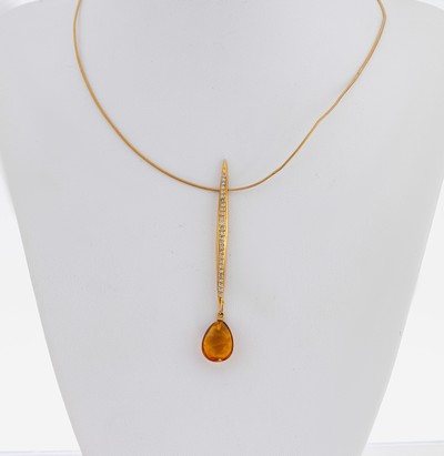 18 kt Gold Citrin-Brillant-Collier, GG 750/000, langes Mittelteil, bewegl. abgehängter abnehmbarer Citrin-Tropfen ca. 3.0 ct, 27 Brillanten zus. ...