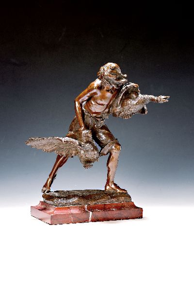 Gyula Jankovits, 1865-1932, Der Gänsedieb, Bronzeskulptur, signiert, Marmorsockel, Gesamth. ca. 32cm
