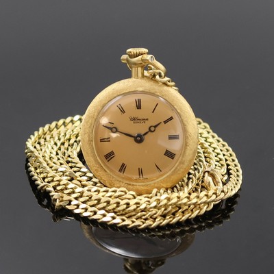 ULLMANN Geneve kleine, offene Damenanhängeuhr in GG 585/000 an Kette in GG 585/000, Schweiz um 1970, 2-teil. Struktur-Geh., aufgedr. Boden m. ...