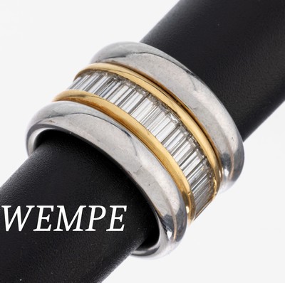 18 kt Gold WEMPE Diamant-Ring, WG/GG 750/000, 22 Diamantbaguettes zus. ca. 2.05 ct feines Weiß/vvs, Außenringe WG 585/000, RW 51,ca. 22.7 g, ...