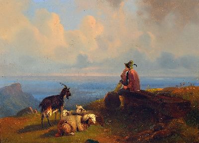 Ernst Heinrich Richard, 1819-1899 Karlsruhe, Hütejunge mit Ziegen uns Schafen auf einer Hochalm, Öl/Lwd, links unten signiert und dat. 54, feine ...