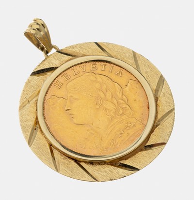 14 kt Gold Münz-Anhänger, GG 585/000, Goldmünze: 20 Franken, sogn. Vreneli, Schweiz,1980, Fassung grav. und matt., ca. 8.8 g