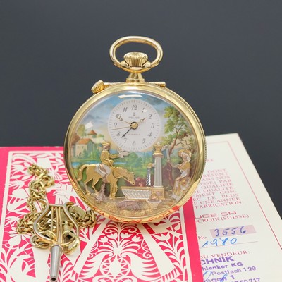 REUGE Taschenuhr mit Wecker-Spieluhr und Figurenautomat, Schweiz verk. lt. beil. Pap. 08/1980, verg. Geh., Rückdeckel m. grav. Musikinstrumenten, ...