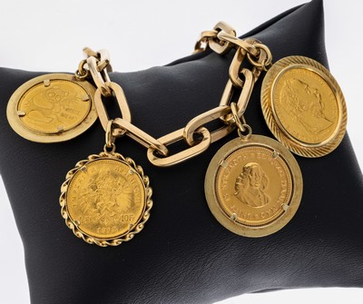 14 kt Gold Münz-Armband, GG 585/000, 5 bewegl. abgehängte Münzen bzw. Medaillen, 1 x Medaille mit Maria Theresia, 1 x 8 Florin, 1892, 1 x 1 Rand, ...