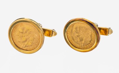 Paar 14 kt Gold Münz-Manschettenknöpfe, GG 585/000, gefasste Goldmünzen, 2 x 2.5 Pesos, Mexiko, 1945, ca. 13.6 g