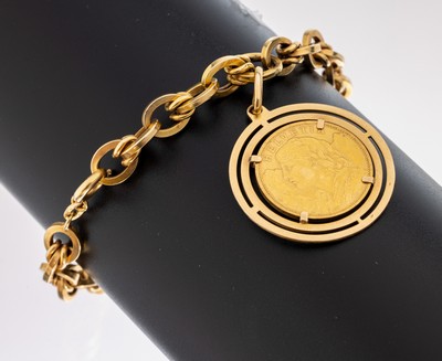 18 kt Gold Münz-Armband, GG 750/000, lose gefasste Goldmünze, 20 Franken, Schweiz 1935, sogn. Vreneli, L. ca. 21 cm, Federringschließe, ca. 19.2 g