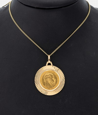 14 kt Gold Münz-Anhänger, GG 585/000, lose gefasste Goldmünze, 20 Mark, Deutsches Reich, 1876, Wilhelm Deutscher Kaiser König von Preußen, ...