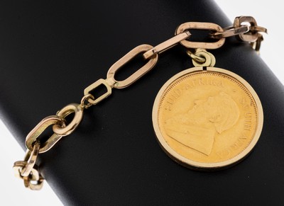 8 kt Gold Münz-Armband, GG 333/000, länglich ovale Glieder, bewegl. abgehängte Goldmünze, 1/4 Krügerrand, 1981, Fassung GG 585/000 gepr., L. ...