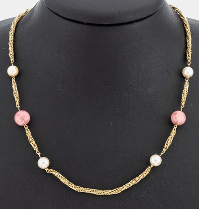 14 kt Gold Perl-Rhodochrosit-Collier, GG 585/000, endlos, 14 Akoyazuchtperlen, D. ca. 6mm, 7 Rhodochrosit-Kugeln, D. ca. 9 mm, L. ca. 100 cm, ca. ...