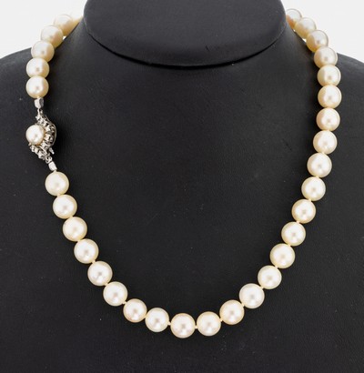 Zuchtperl-Collier mit 14 kt Gold Brillant- Schmuckschließe, WG 585/000, cremefarb. Akoyazuchtperlen, D. ca. 8.5 mm, Steckschließemit 1 Perle, D. ...