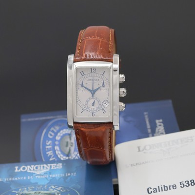 LONGINES Dolce Vita Armbandchronograph in Stahl Referenz L5.656.4, Schweiz um 2001, quarz, rechteck. Geh., Boden 4-fach verschr., orig. Lederband m. ...