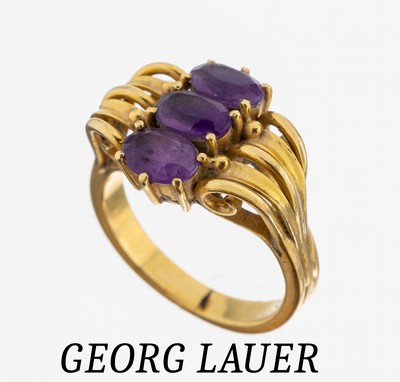 14 kt Gold GEORG LAUER Amethyst-Ring, 1970er Jahre, GG 585/000, 3 ovalfacett. Amethyste,RW 53, ca. 6.3 g