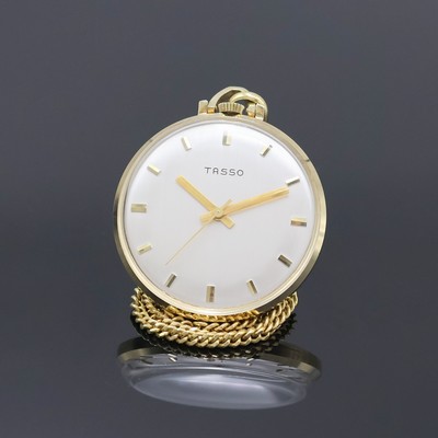 TASSO Frackuhr in GG 585/000 mit Kette in GG 333/000, Schweiz um 1970, Handaufzug, Glasrand aufgedr., silb. Zifferbl. m. gold. Std.-Ind. u. Zeigern, ...
