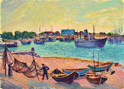 Otto Möller, 1883 Schmiedefeld-1964 Berlin, Fischerhafen, Öl/Leinen, verso bez. " Nachlass Otto Möller" und betitelt, sign., ca.58x80 ...