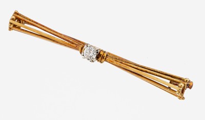 14 kt Gold Brillant-Brosche, GG 585/000, Brillant ca. 0.25 ct Weiß/si, L. ca. 6 cm, ca.5.3 g