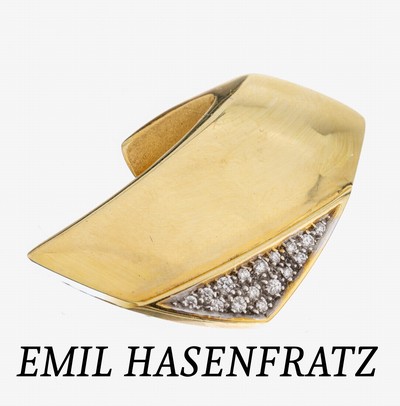 14 kt Gold Brillant-Brosche, GG 585/000, Meistermarke EMIL HASENFRATZ, 15 Brillanten in rhod. Fassungen zus. ca. 0.11 ct feines Weiß-Weiß/vs, L. ...