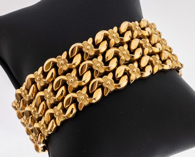 18 kt Gold Armband, RoseG 750/000, Blütendekor, B. ca. 2.5 cm, L. ca. 19.5 cm, Kastenschloss mit Sicherheitsacht, ca. 37.5 g